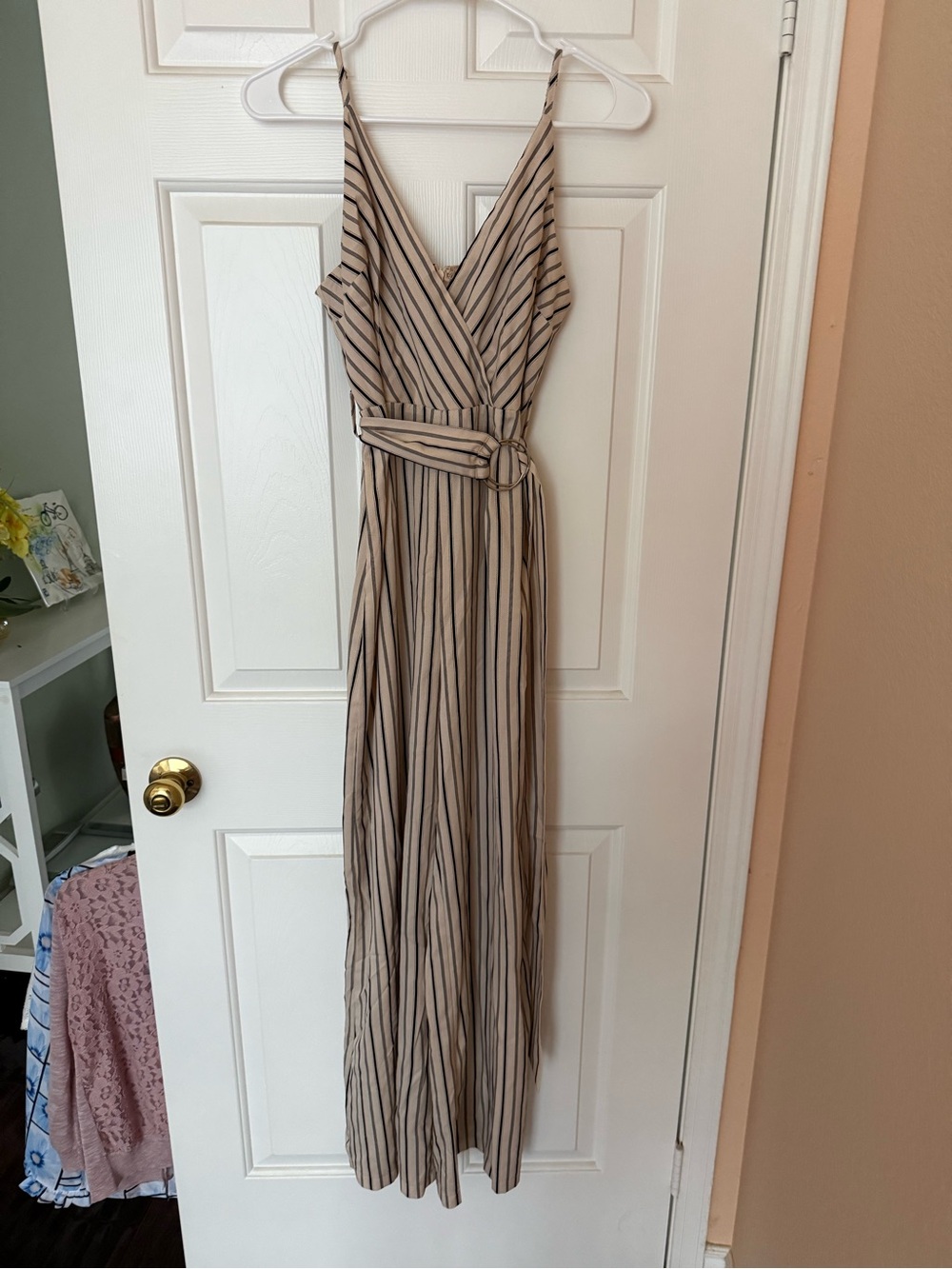 Striped Beige Wrap Jumpsuit with Belt